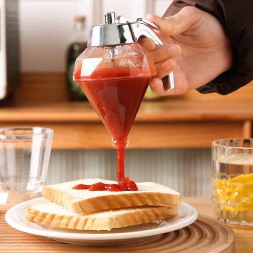 Dispensador de miel con soporte, Frasco de vidrio a prueba de fugas, Contenedor de miel de vidrio transparente con cuchara, Dispensador de jarabe de arce, Contenedor de plástico redondo reutilizable con tapa abatible FMG-863