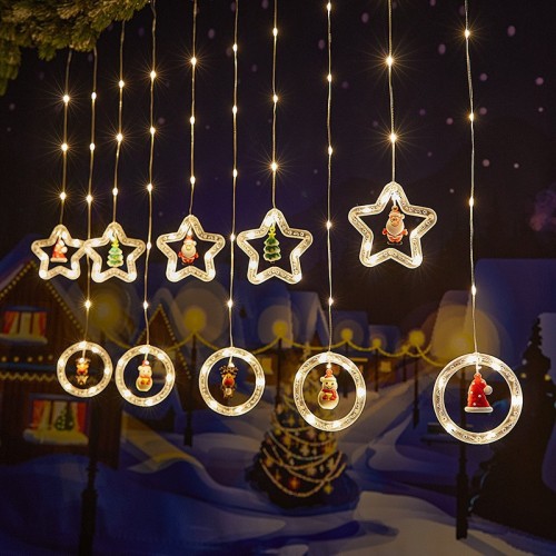 Serie estrella con círculos, cadena de luces navideñas para cortina, Papá Noel, tira de luces LED de cuero para decoración de ventanas y habitaciones  luz cálida P02 YELLOW