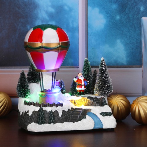 Decoración de Navidad, Papá Noel, con árbol y globo aerostático con luces LED y música 17.5x12x18.5cm USB/Pilas SDD1172